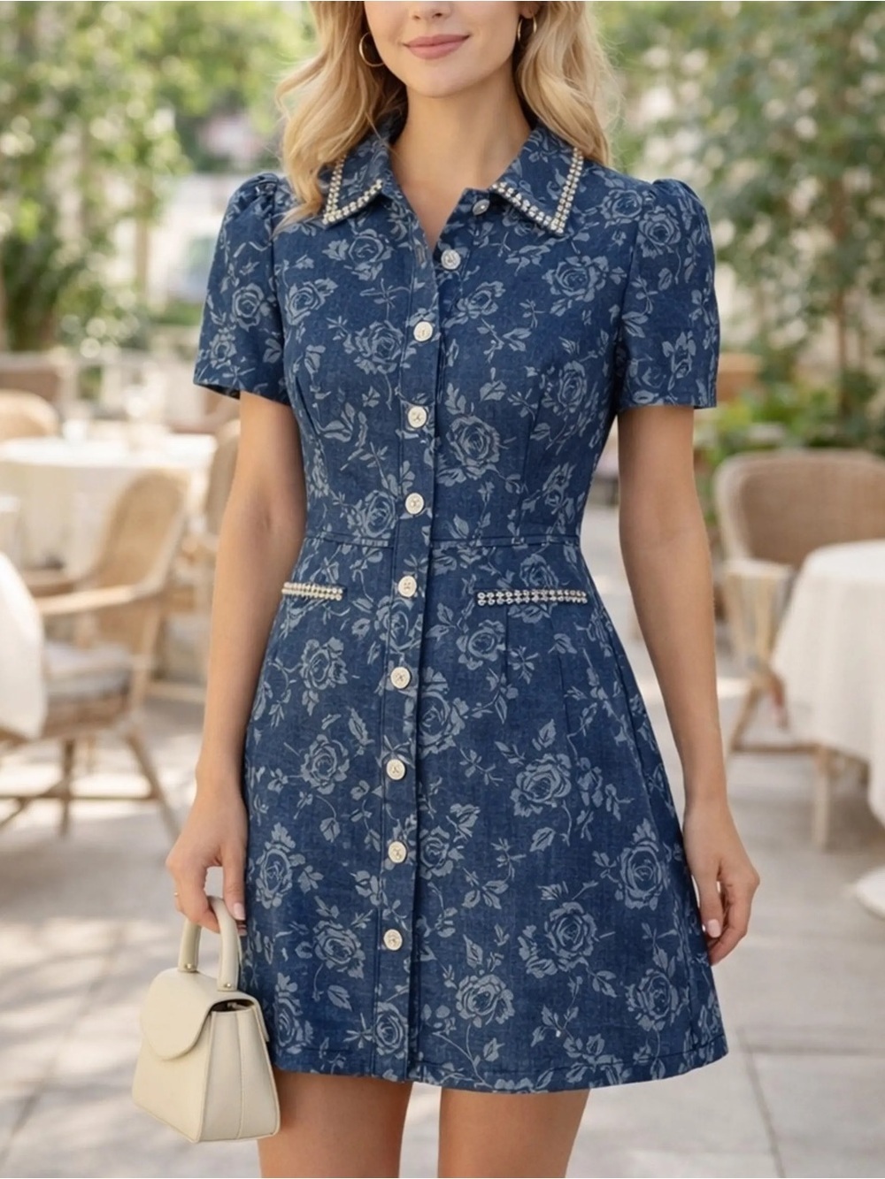 NWT Eliza J Denim Floral Print Short Sleeve Rhinestone Mini Dress Size 10